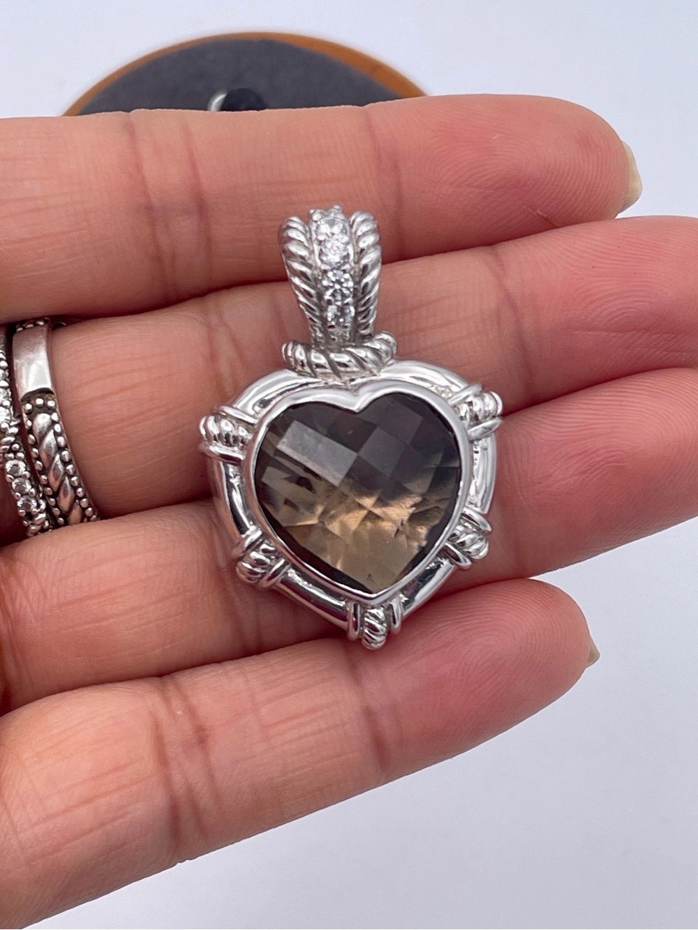 Judith Ripka Sterling Silver 925 Smoky Quartz Heart Pendant CZ Accents Heavy - Picture 4 of 9